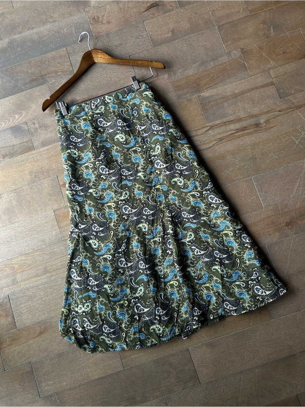 Vanity Fair Olive Paisley Maxi Skirt with Blue and Cream Accents